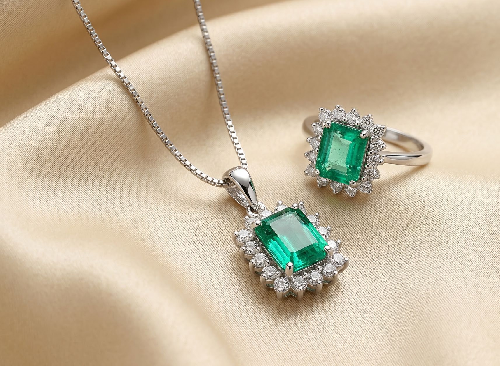 Collezione Melusina di Conte Diamonds: anello, collana, orecchini con smeraldo, acquamarina, diamanti