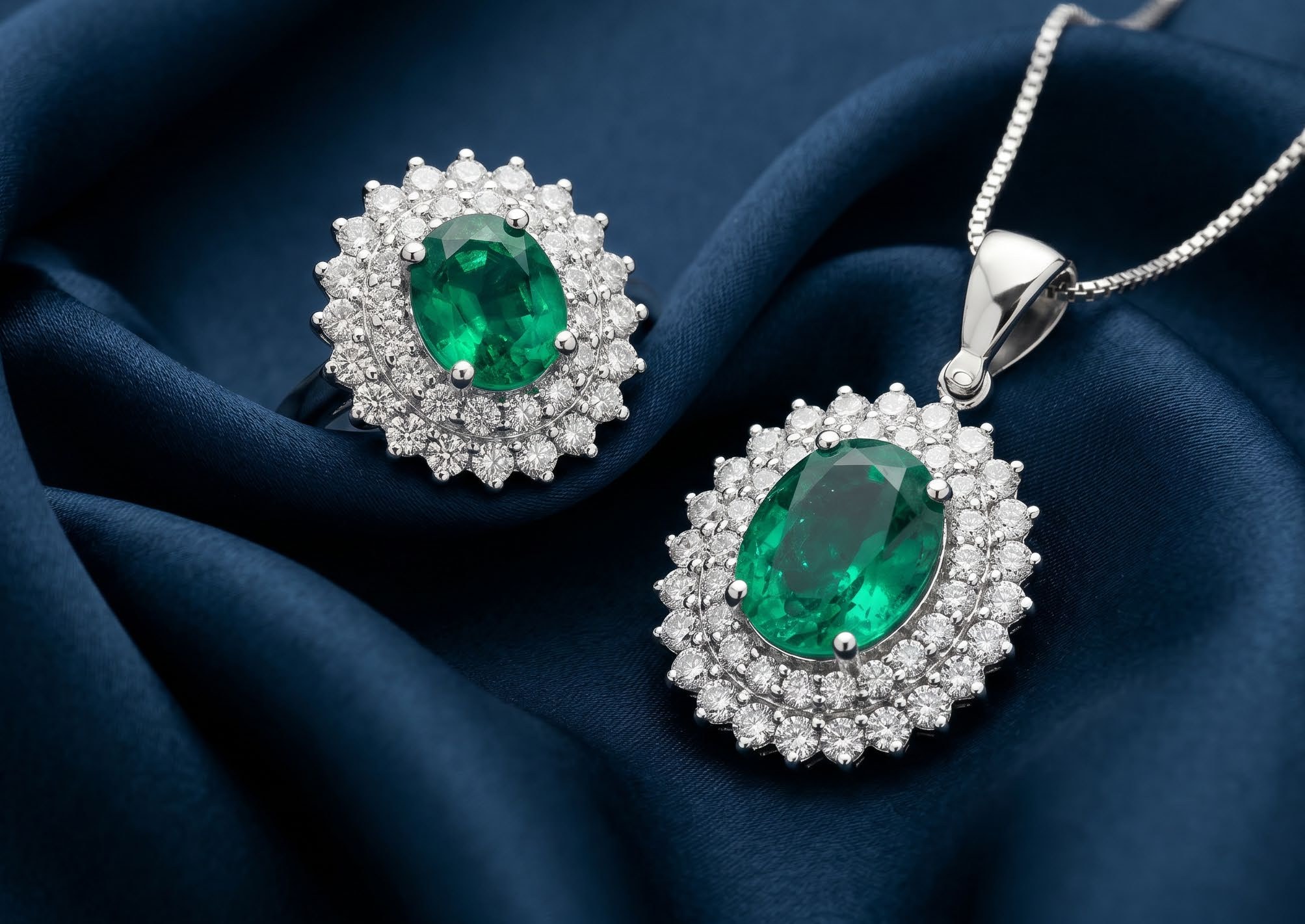 Collezione Mira di Conte Diamonds: anello, collana, orecchini con smeraldo, rubino, zaffiro